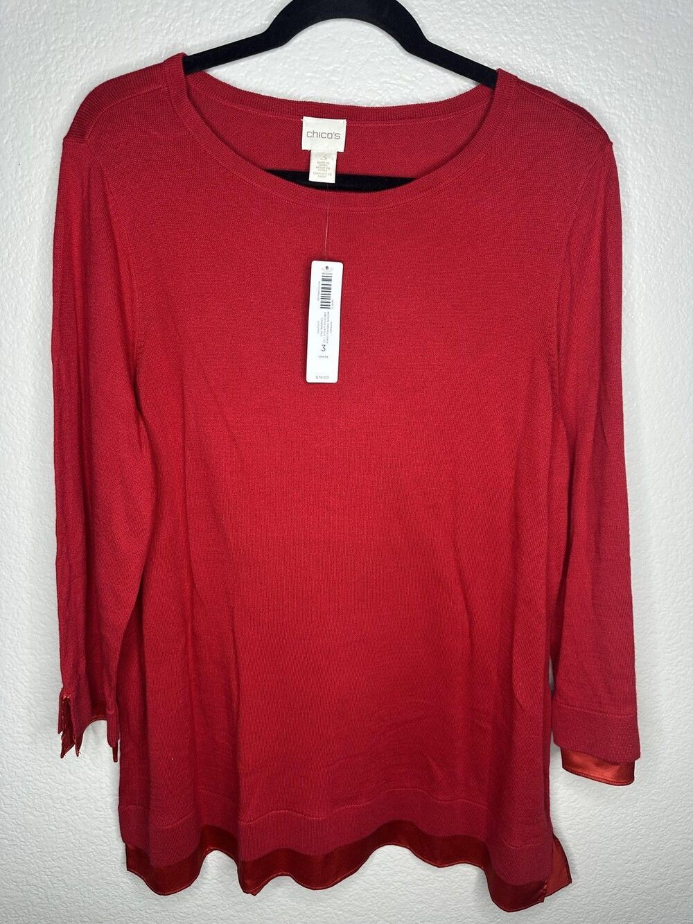 NEW Chicos Sweater Womens 3 US XL Red Trim Scoop Neck 3/4 Sleeve Pullover Knit